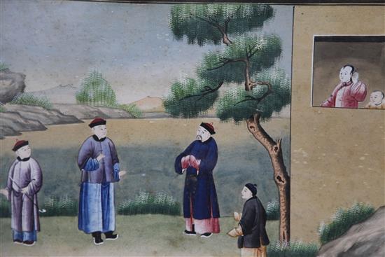 A pair of Chinese paintings on paper of figures in landscapes, Qianlong period, 41 x 60.5cm